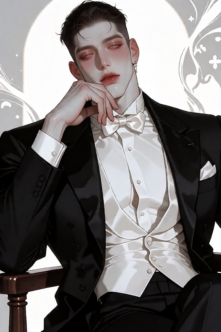 manhwa illustration of a handsome ***** man with pale white skin,  soft red-pink lips,  and an extremely tall on Tensor.Art