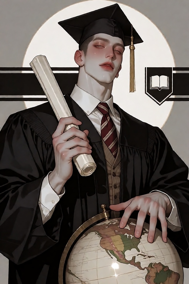 manhwa illustration of a handsome ***** male university graduate standing confidently in a stylized artistic composition,...