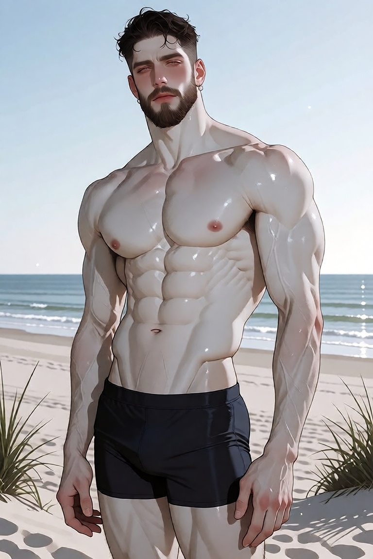 manhwa illustration of a handsome ***** man standing on a bright sunny beach near the ocean,  rendered in a refined and cl...