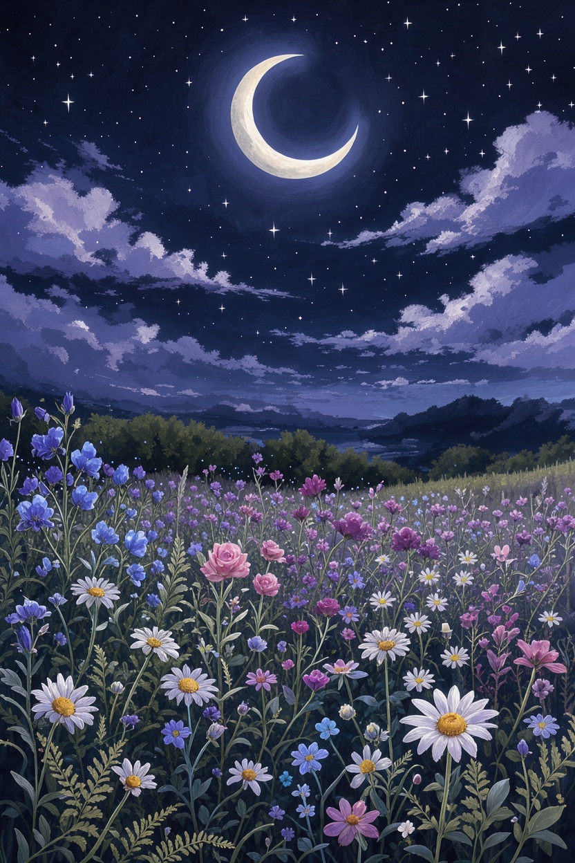 The image depicts a serene nighttime scene with a crescent moon shining brightly in the sky. The sky is filled with stars,...