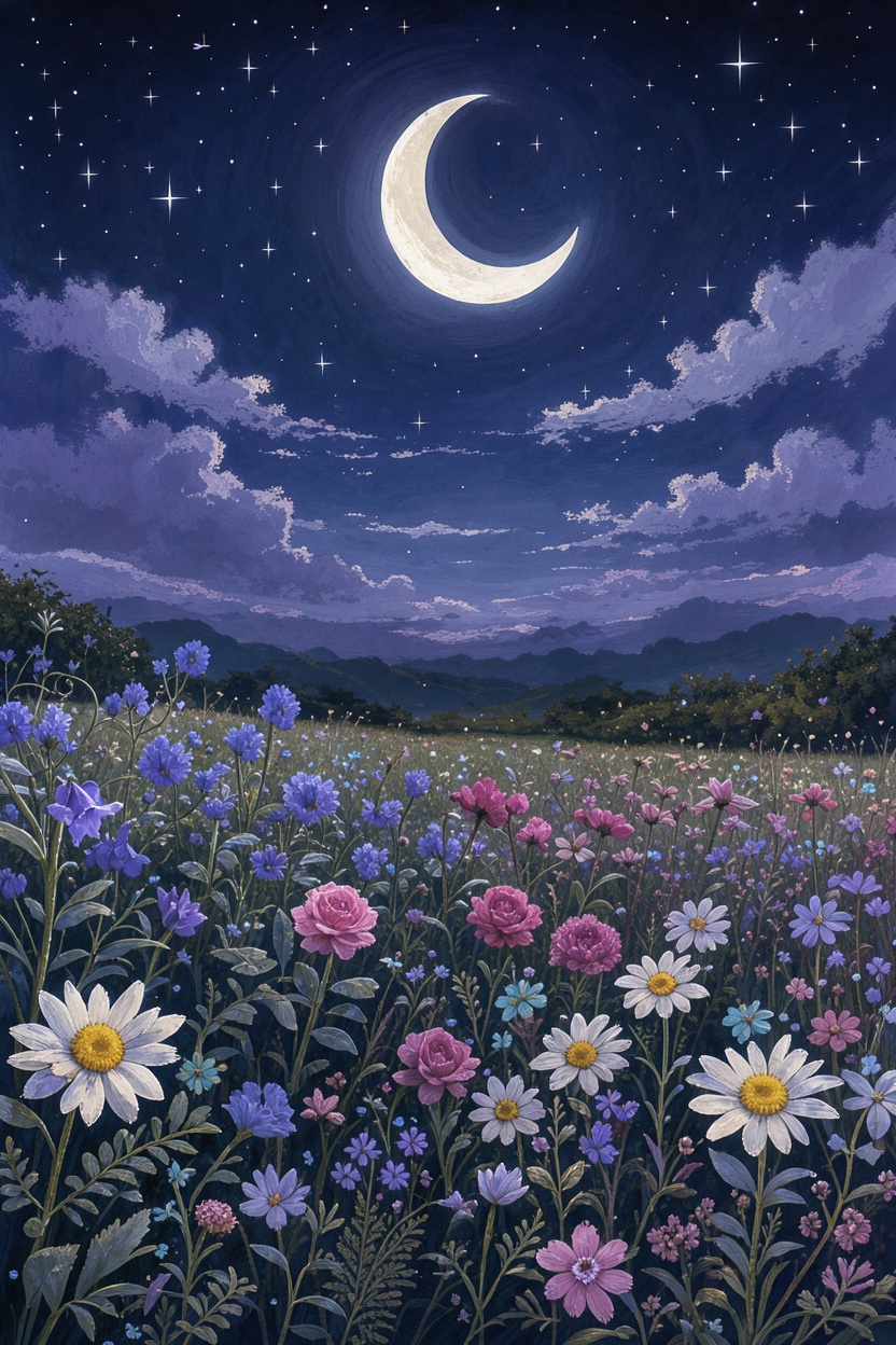 The image depicts a serene nighttime scene with a crescent moon shining brightly in the sky. The sky is filled with stars,...
