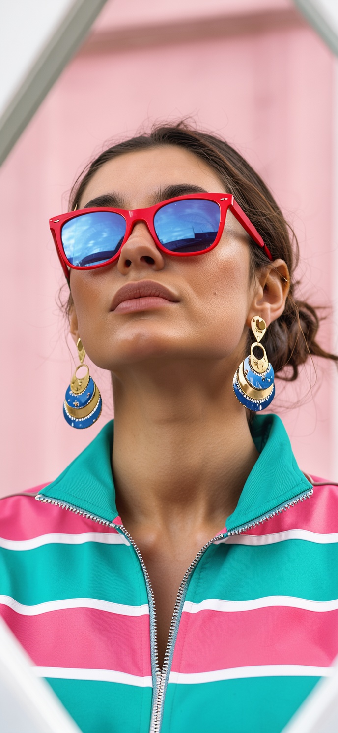 A captivating,  natural-light headshot of a young woman with realistic skin,  wearing bold red-framed sunglasses with refl...