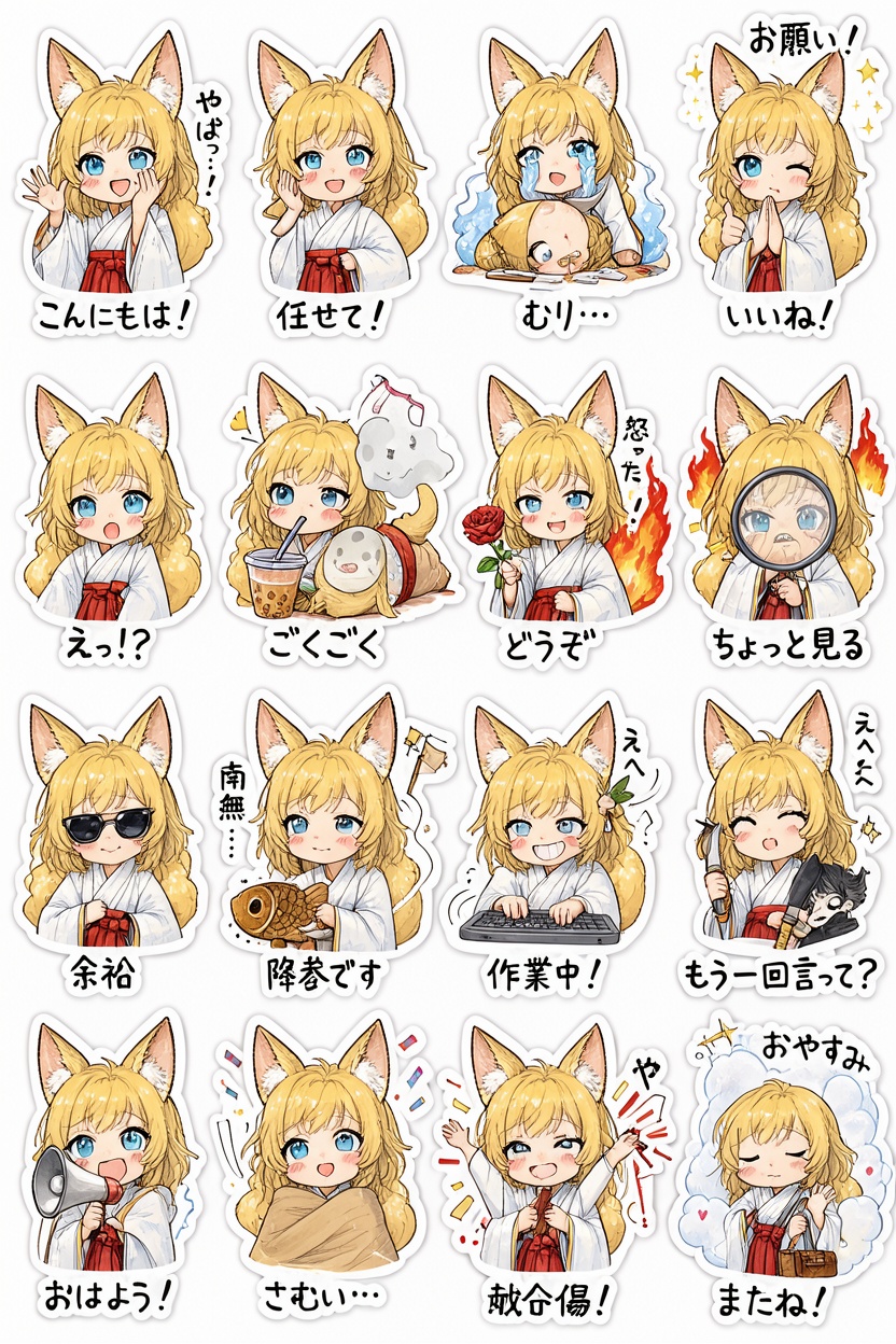 A 16:9 illustration showing a complete LINE-style sticker pack of a chibi anime fox girl (kitsune girl) bust portrait. Col...