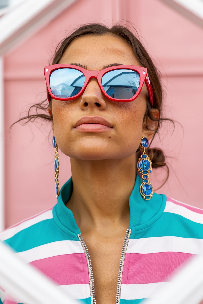 A captivating,  natural-light headshot of a young woman with realistic skin,  wearing bold red-framed sunglasses with refl...