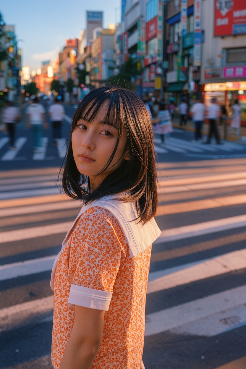 Tokyo. A young Japanese woman with shoulder-length dark hair and straight bangs stands in the foreground,  glancing over h...