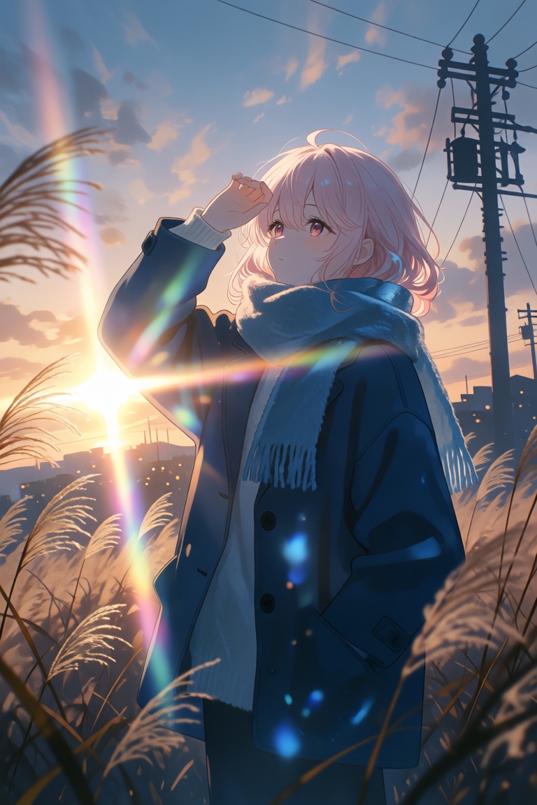 This anime art style digital painting features a young girl with soft pink hair standing amidst a field of tall pampas gra...