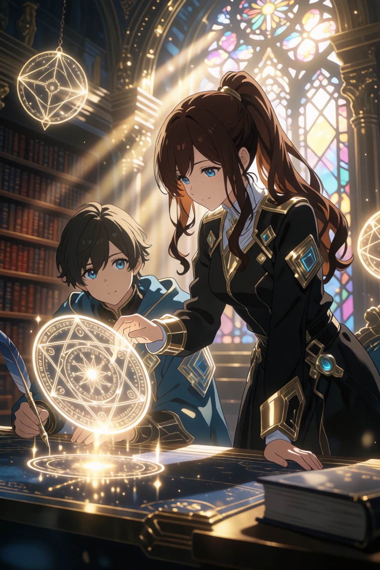 An exquisite anime art style digital painting captures two young mages studying a luminous floating geometric spell circle...