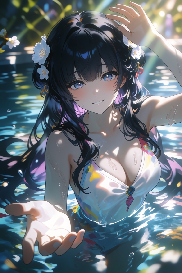 This anime digital painting features a dark-haired woman submerged in a pool gazing upward with a gentle smile and luminou...