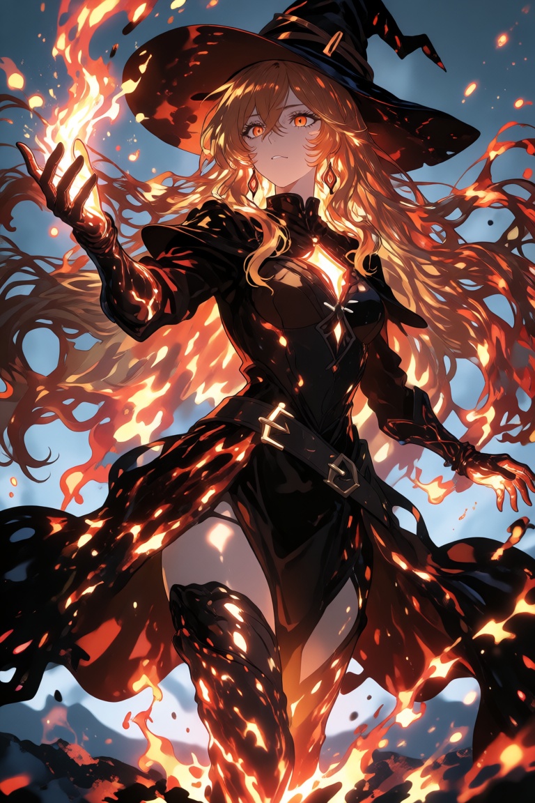 Create an anime scene where a witch channels her lava magic,  the environment glowing with intense heat and vibrant colors...