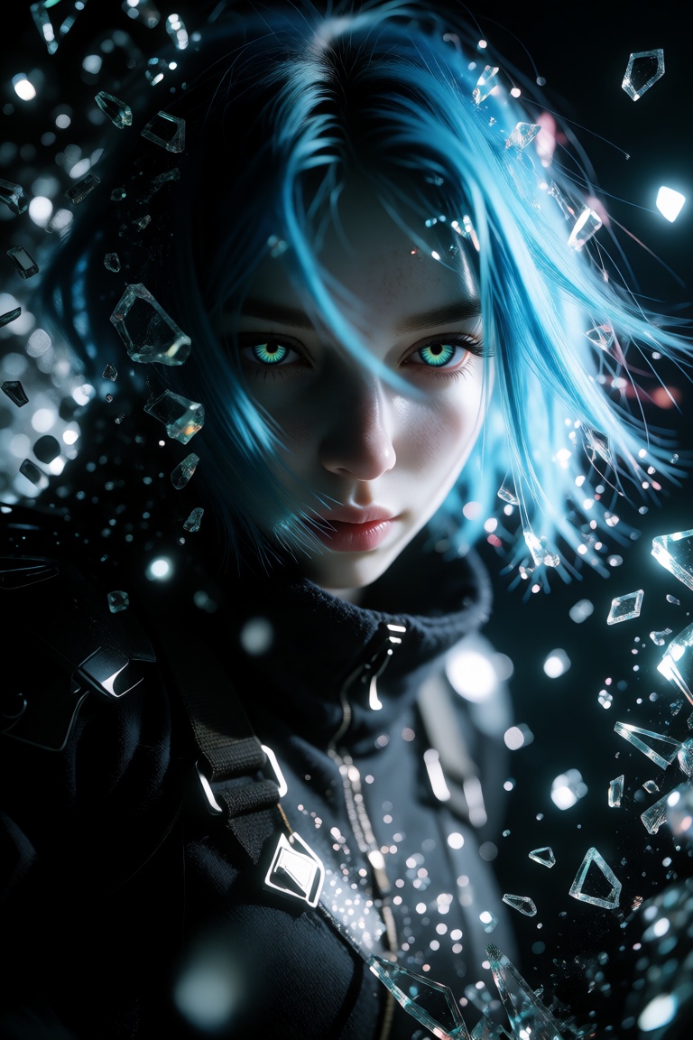 Hyperrealistic digital photography portrays a young woman with vibrant cyan hair her face centered amidst a swirling explo...