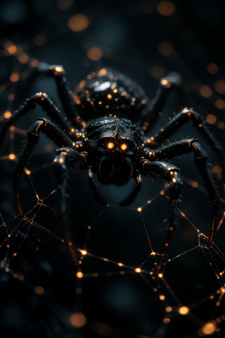 This hyperrealistic digital art features a monstrous black spider with a craggy obsidian-like exoskeleton poised atop a co...