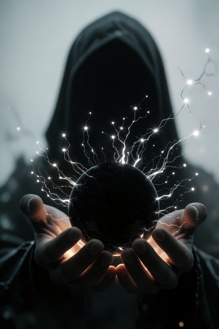 A dark fantasy digital illustration features a hooded silhouetted figure holding a mysterious obsidian sphere that radiate...