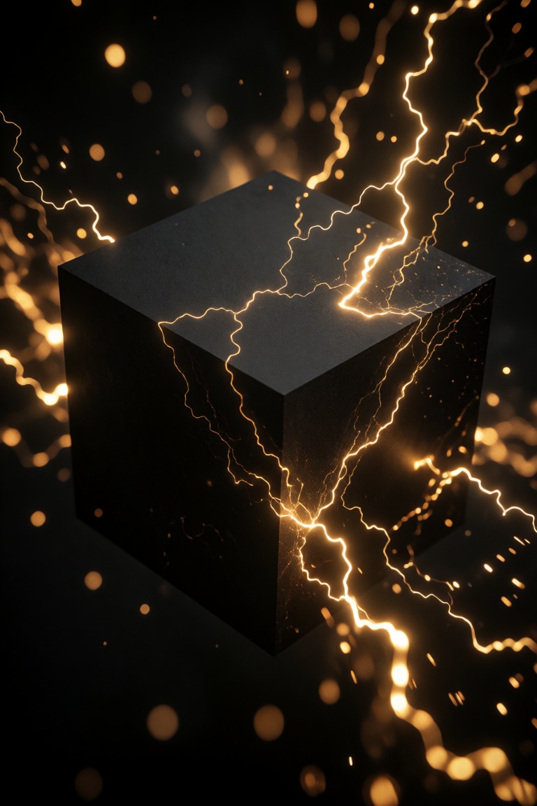 A hyperrealistic 3D digital render showcases a monolithic black cube floating within a void serving as the focal point for...