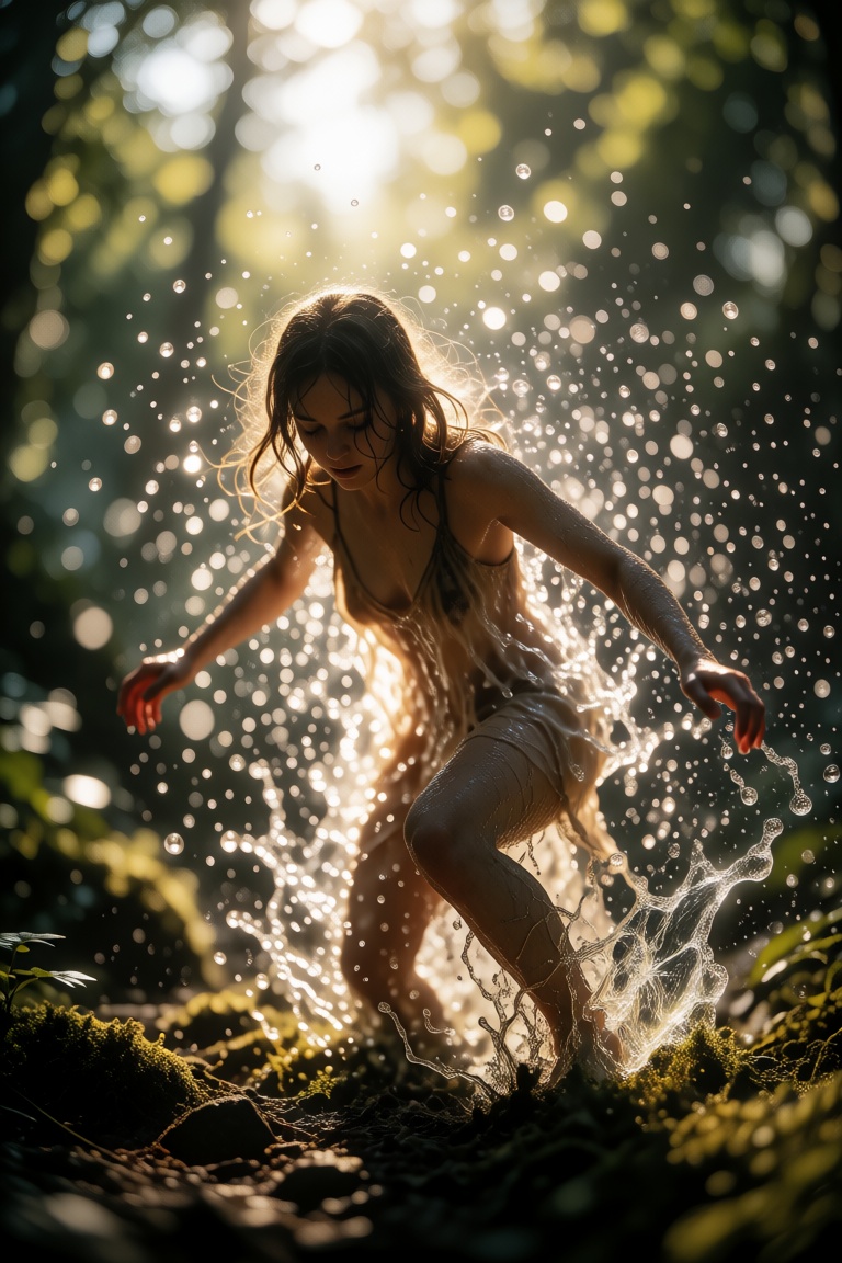 A hyperrealistic cinematic photograph captures a young woman caught in a dynamic mid-action splash within a lush sun-drenc...