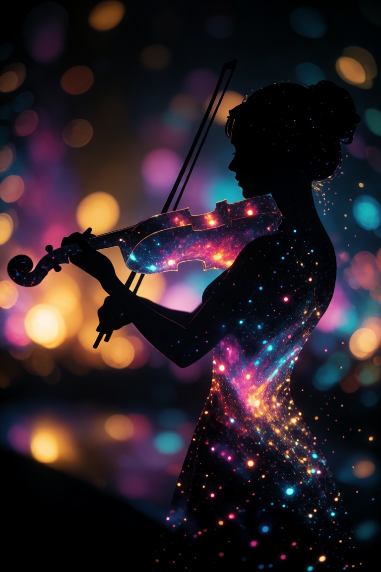 A stylized digital art piece presents a silhouette of a female violinist composed of shimmering cosmic stardust and nebulo...
