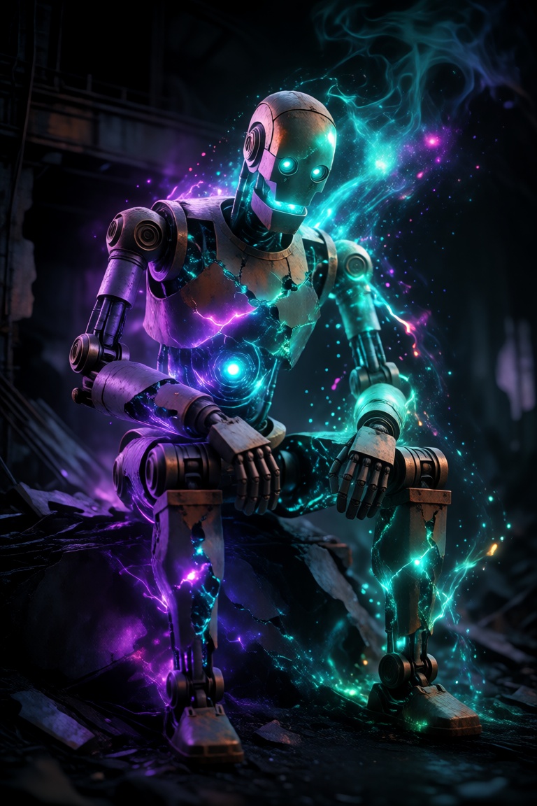 A hyperrealistic digital fantasy illustration features a weathered metallic humanoid robot sitting in a contemplative pose...