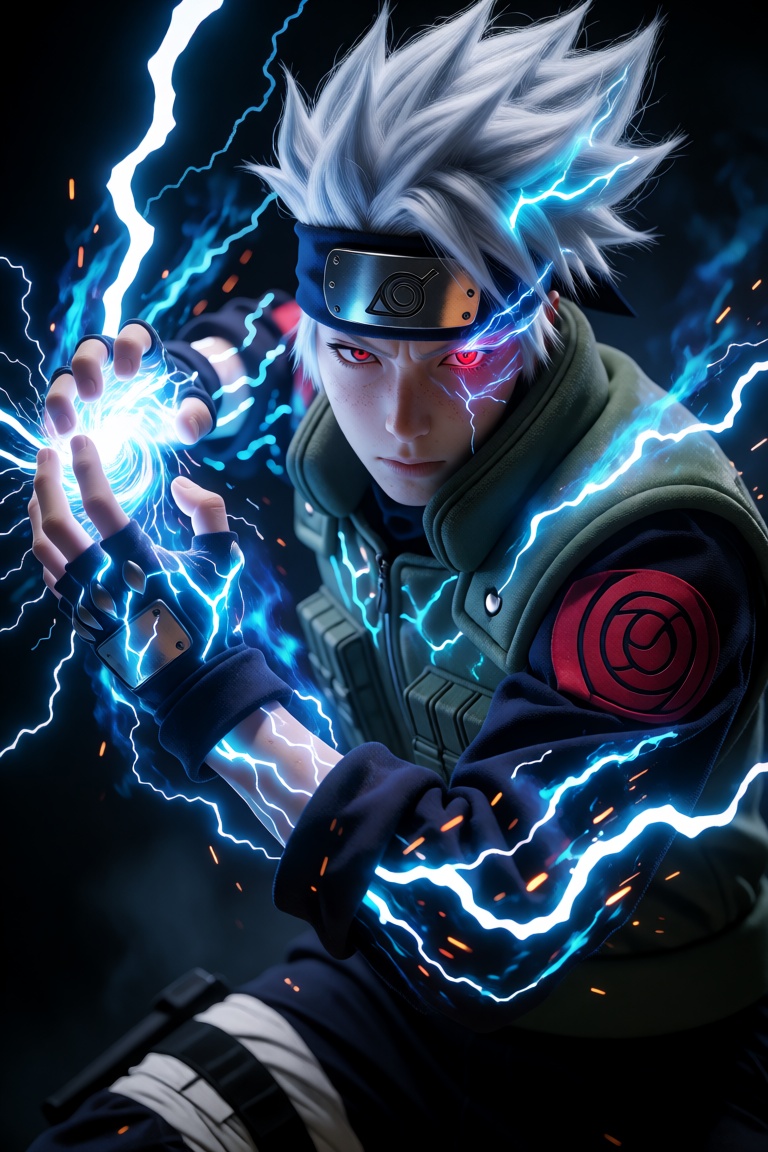 This hyperrealistic digital art style depicts a character in a dynamic battle pose harnessing intense electrical energy. T...