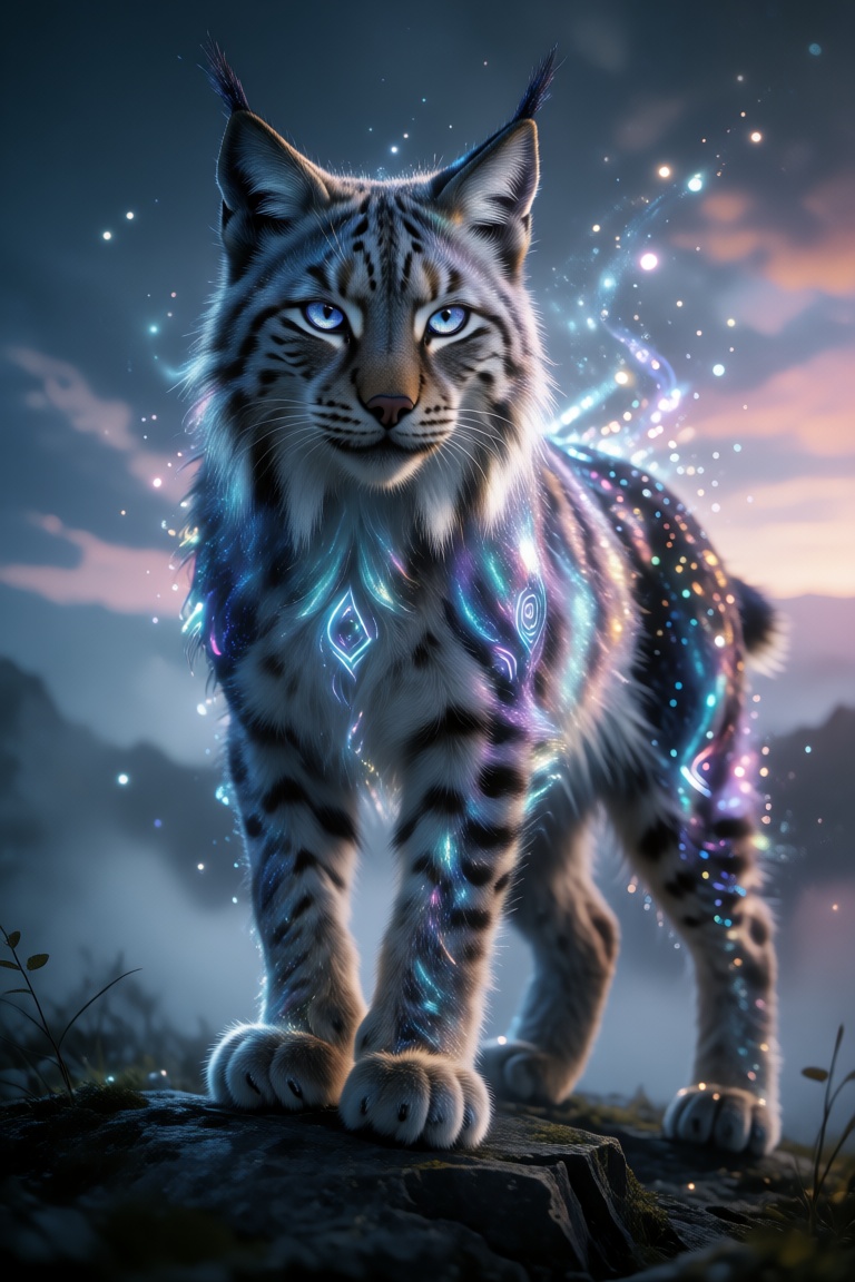 A majestic,  magical lynx stands atop a rugged,  misty cliff on Tensor.Art