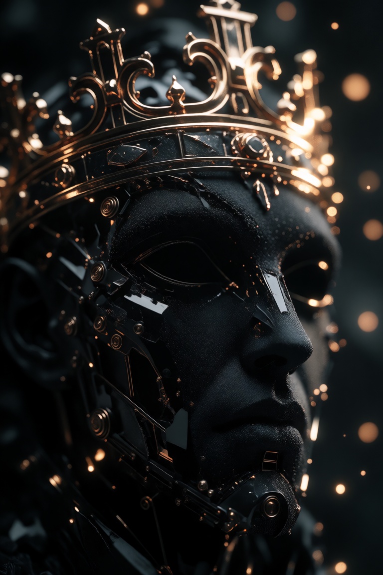 A cinematic dark fantasy digital illustration features a hyperrealistic obsidian-textured face crowned with an ornate gild...
