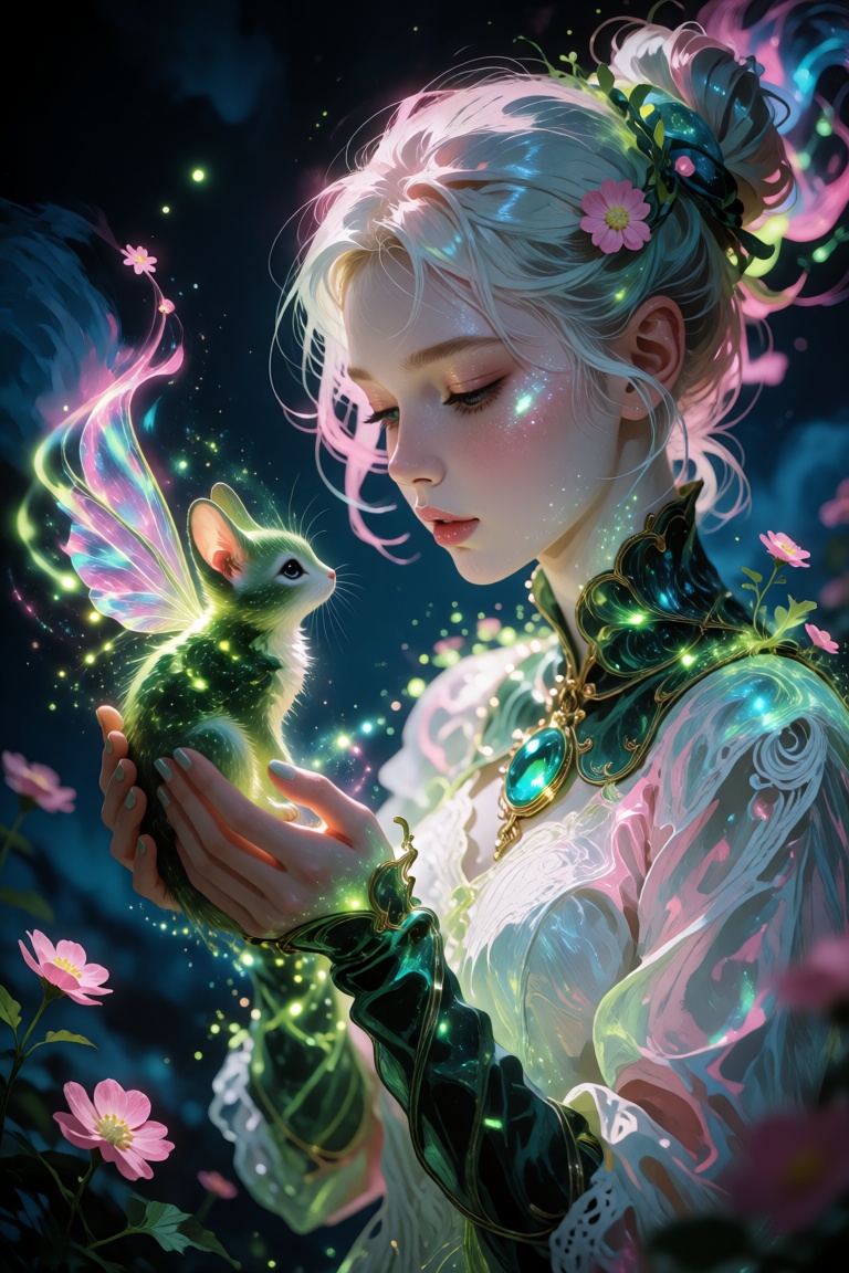 This digital painting features a luminous whimsical fantasy aesthetic with a young woman gently cradling a miniature winge...