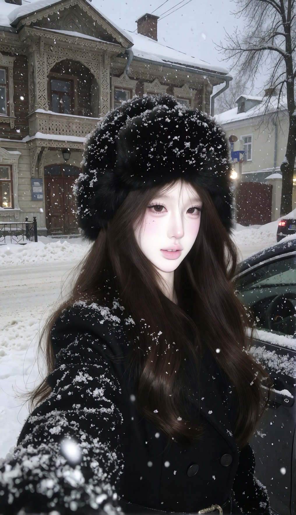 A young woman taking a selfie outdoors in heavy snowfall,  arm extended toward the camera,  slight angle from above. She w...