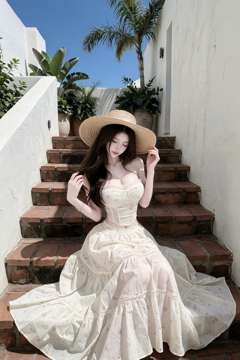A photorealistic,  high-resolution fashion photograph of an ***** woman sitting gracefully on a rustic terracotta brick st...