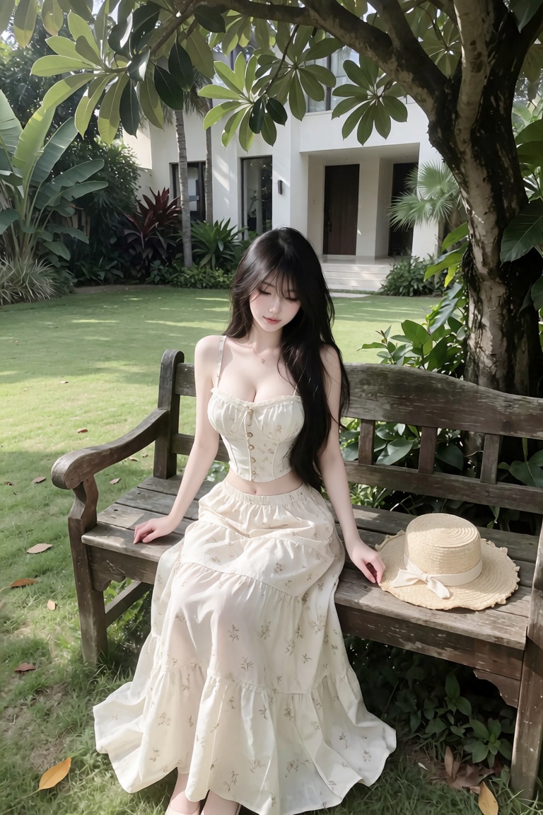 A photorealistic high-resolution fashion photograph of an ***** woman sitting gracefully on an old rustic wooden bench in...