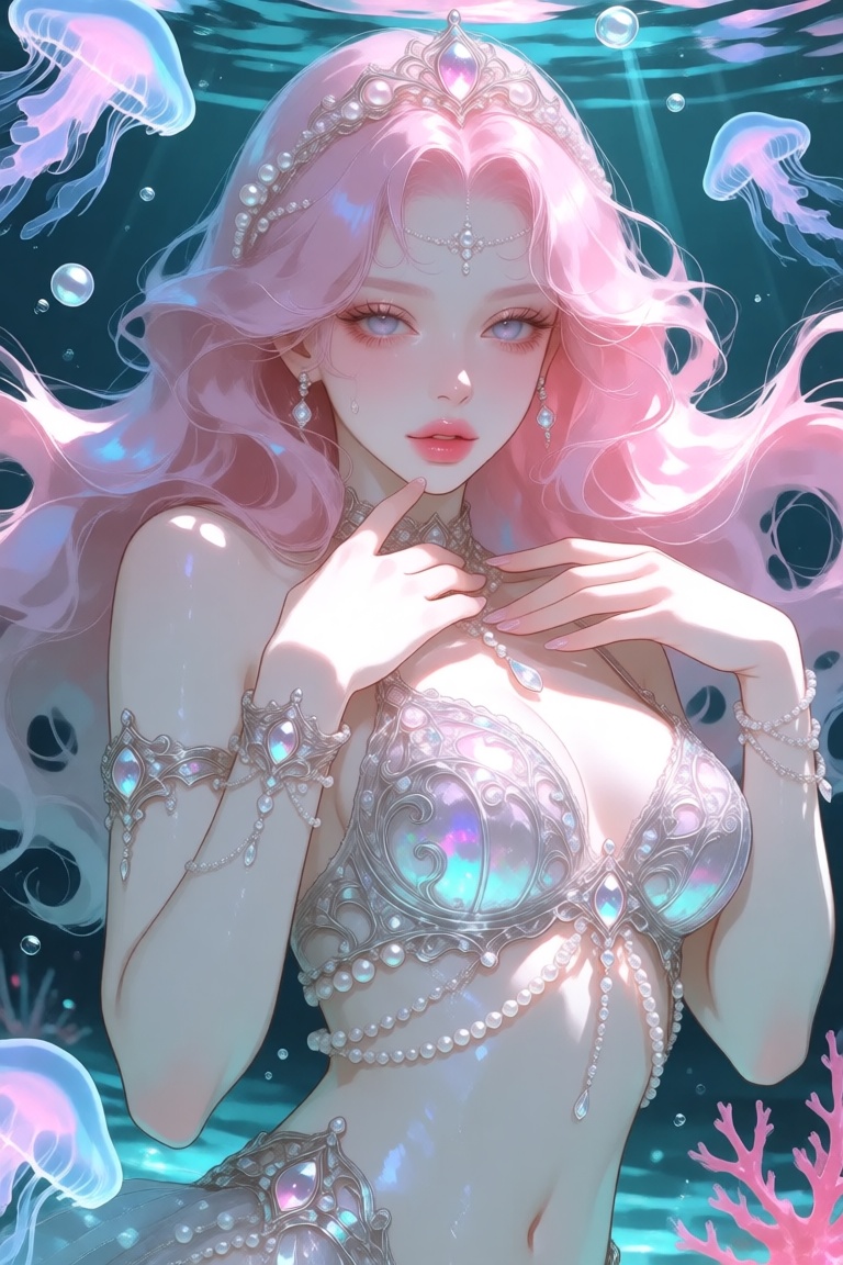 A polished half-body digital illustration of a beautiful white woman with fair,  luminous porcelain skin,  rendered in a p...