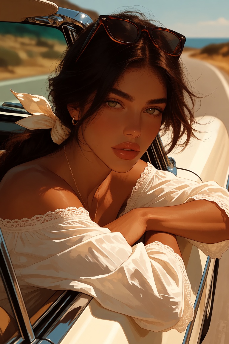 A polished semi close-up digital illustration of a beautiful woman with sun-kissed,  olive skin,  rendered in a pseudo-rea...