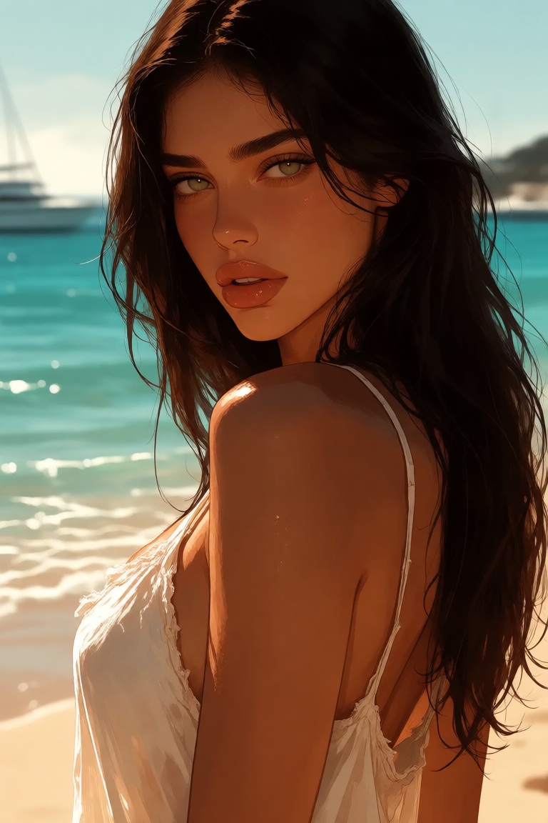 A polished semi close-up digital illustration of a beautiful woman with sun-kissed,  olive-toned skin,  rendered in a pseu...