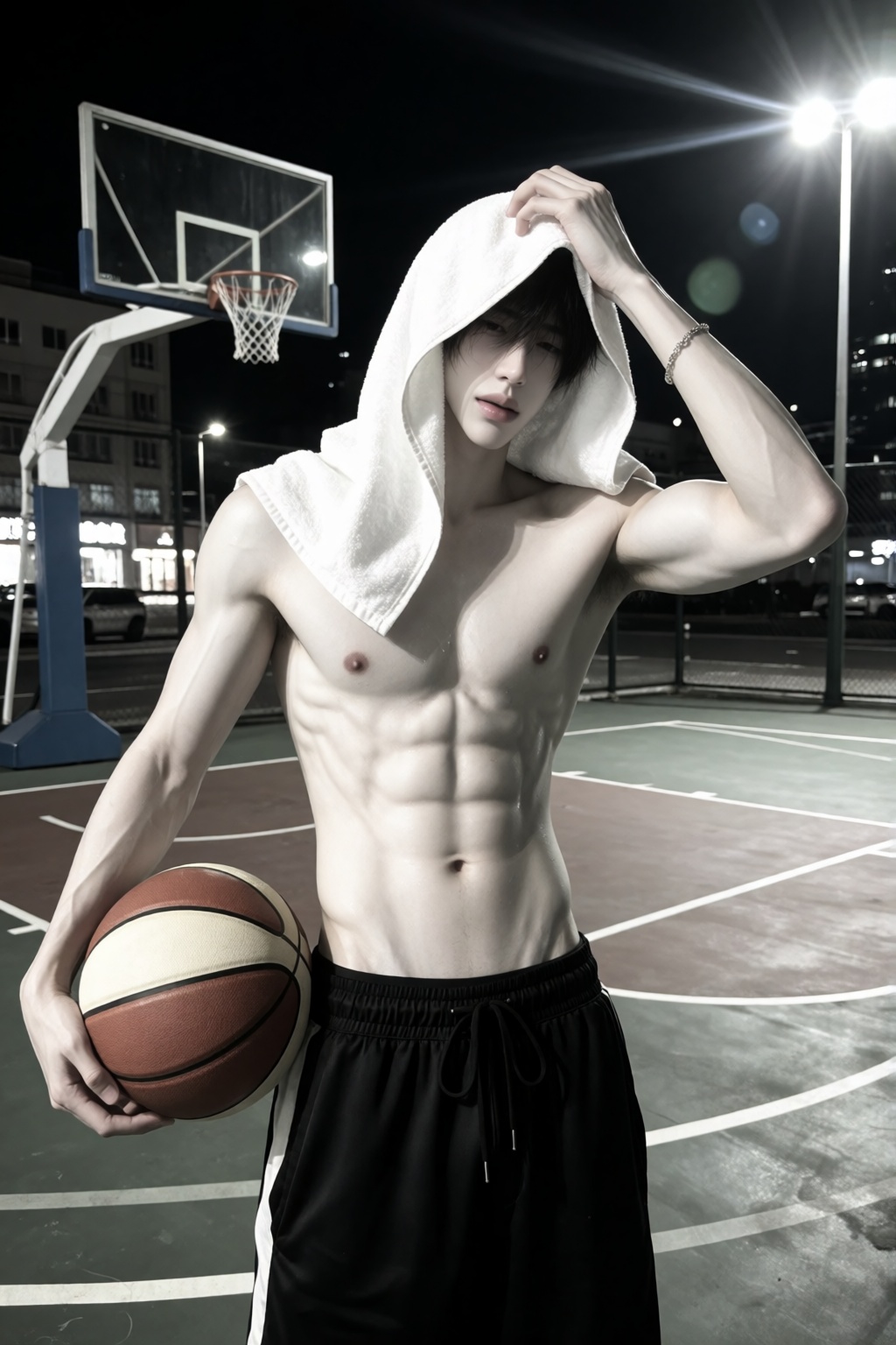 a young East Asian man with a lean athletic build standing on an outdoor urban basketball court at night,  shirtless with...
