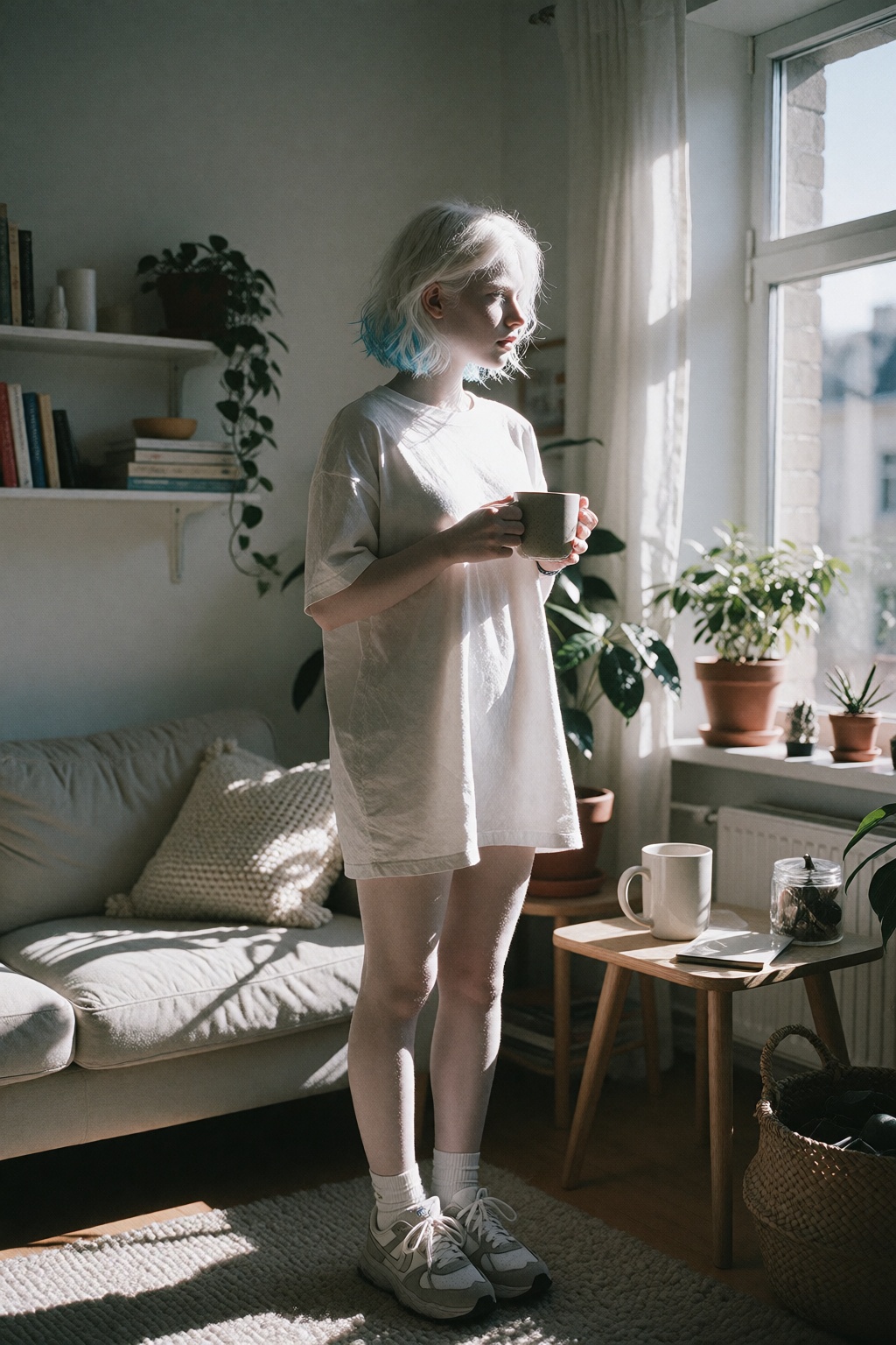 IngridID,  stands near the center of a spacious living room,  with her entire body visible and considerable space surround...