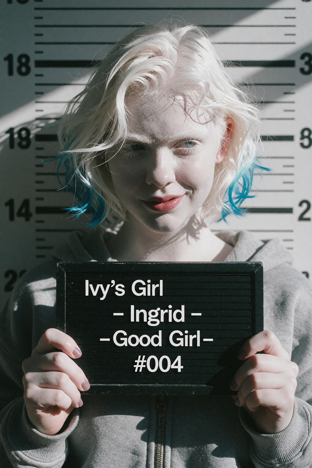 A Frontal police booking photo of IngridID a young woman,  holding a booking placard reading "Ivy's Girl - Ingrid - Good G...