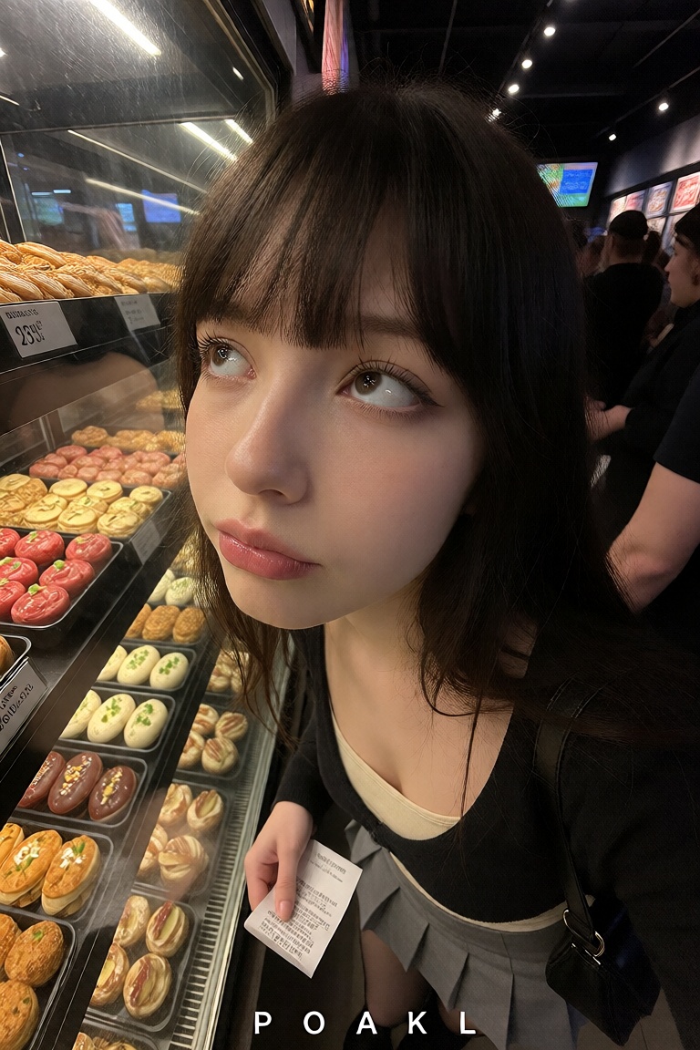 A candid ******* close-up snapshot of a Korean woman in her mid-20s with matte skin and a blunt fringe,  standing in a lon...