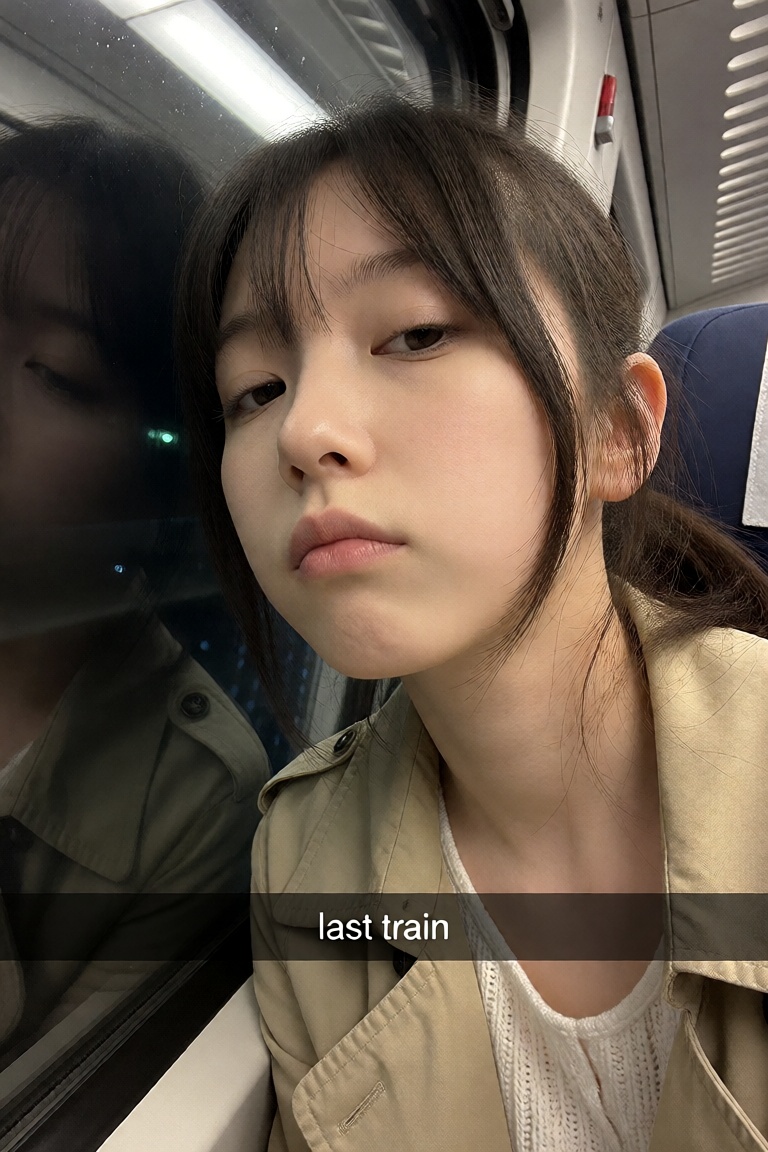 A candid ******* unflattering close-up shot of a Japanese woman in her mid-20s with fair skin and long dark hair pulled in...