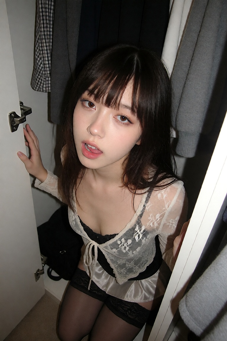 A candid ******* snapshot of a Japanese woman in her early 20s with a blunt fringe and wet-look hair,  kneeling between ha...