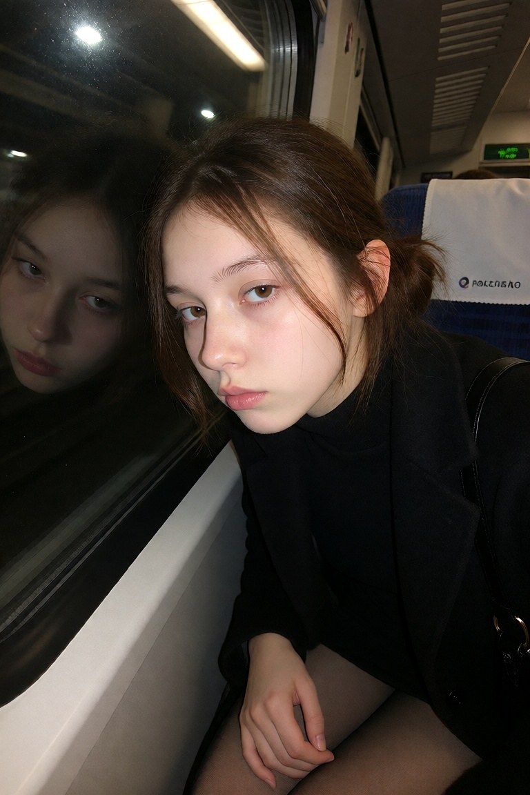 A candid ******* snapshot of a Chinese woman in her late 20s with dull skin and a loosened low bun,  sitting alone with he...