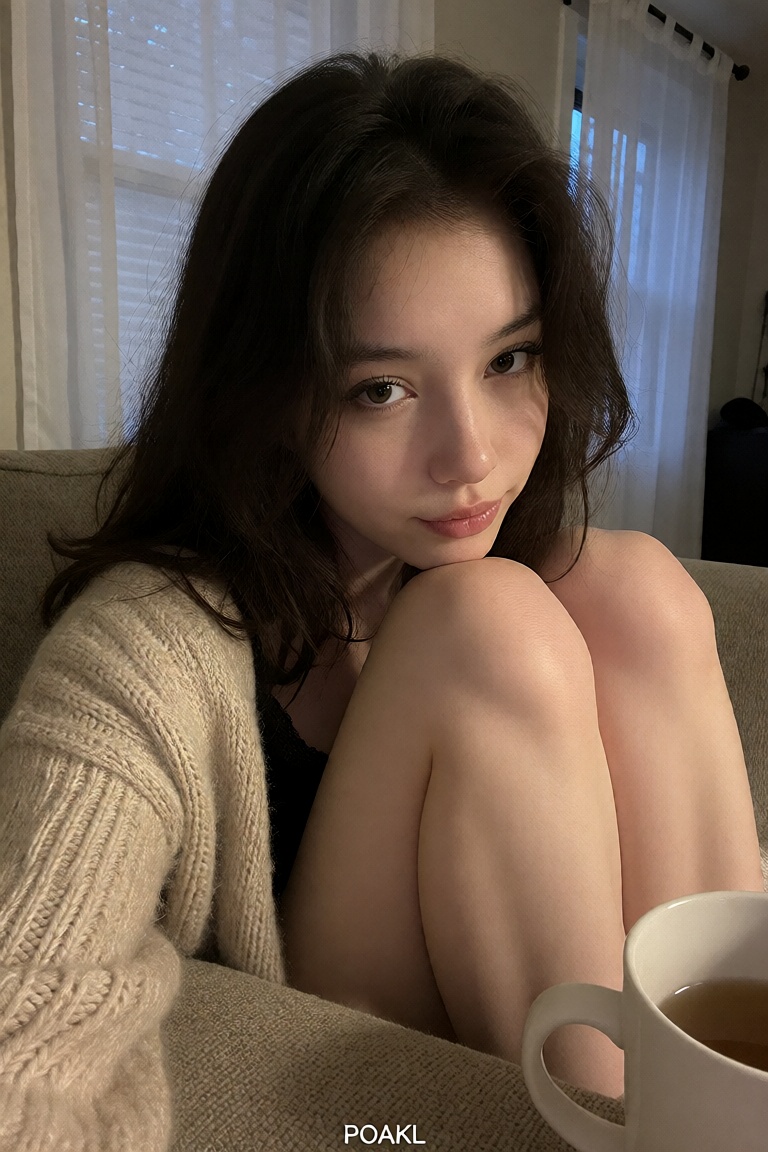 A candid ******* close-up selfie of a Chinese woman in her mid-20s with warm-toned skin and loose wavy hair,  curled up at...