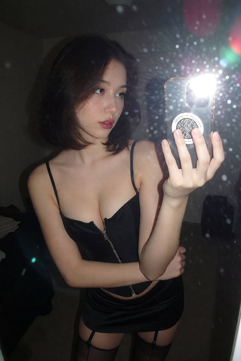 A candid ******* mirror snapshot of a Korean woman in her late 20s with a sleek bob and dark berry lips,  standing at a fu...