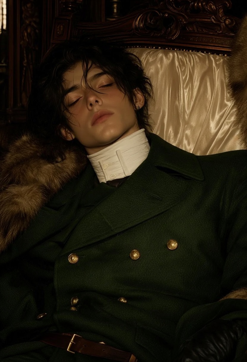 JL8STYP3,  A close-up portrait of a man reclining with eyes gently closed,  wearing a dark green double-breasted coat with...