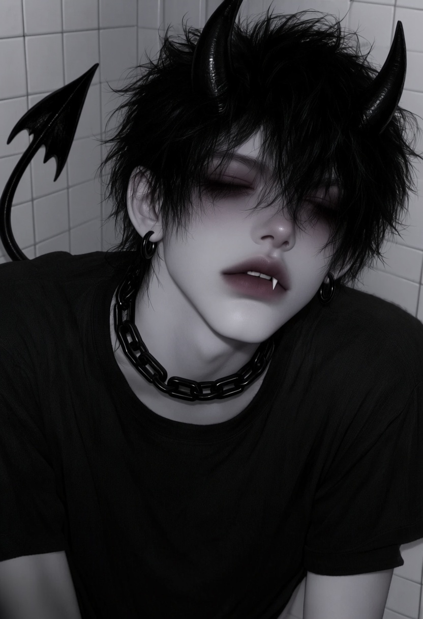 This is a digital artwork depicting a gothic,  demon-like character in a dark,  moody style. The male is a pale-skinned on...