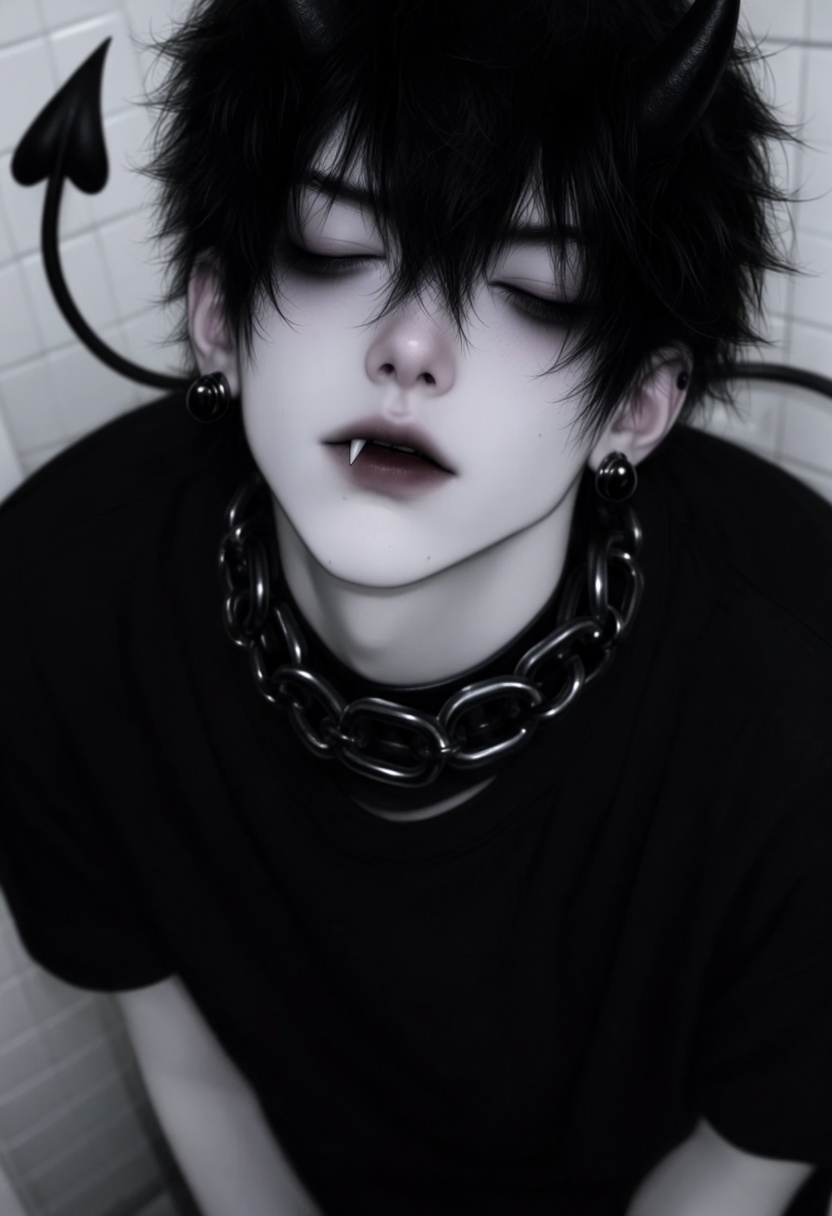 This is a digital artwork depicting a gothic,  demon-like character in a dark,  moody style. The male is a pale-skinned on...