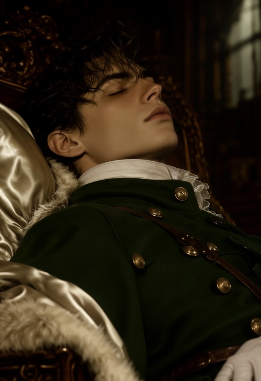 JL8STYP3,  A close-up portrait of a man reclining with eyes gently closed,  wearing a dark green double-breasted coat with...