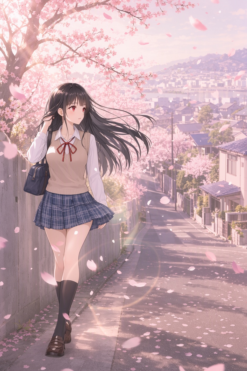Digital anime-style illustration of a young woman with long,  straight black hair and red eyes. a girl walking down hill o...
