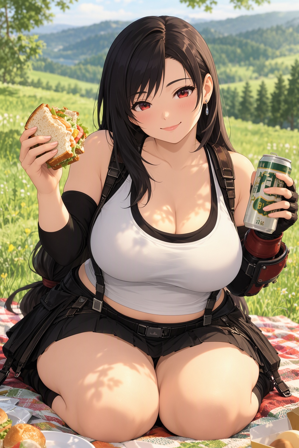 A beautiful,  slightly plump young woman with Tifa's distinctive face sits on a picnic blanket in a sunny grassy meadow,...