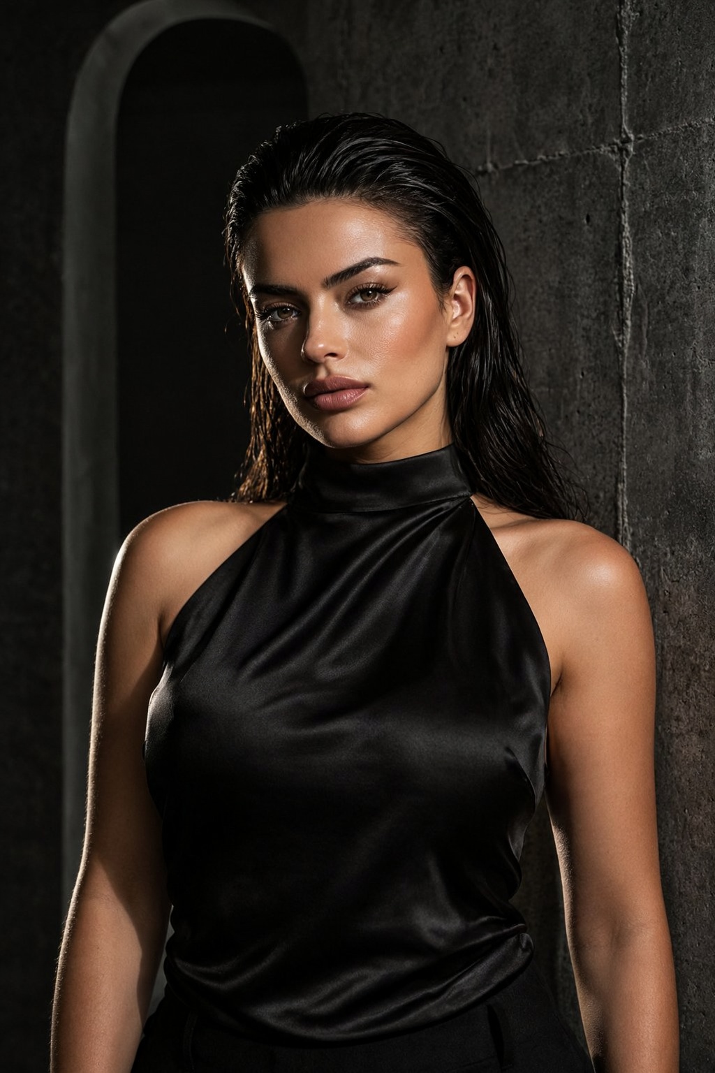 Subject: An attractive 23-year-old curvy Caucasian woman with striking sharp features,  bold confident eyes,  and sleek we...