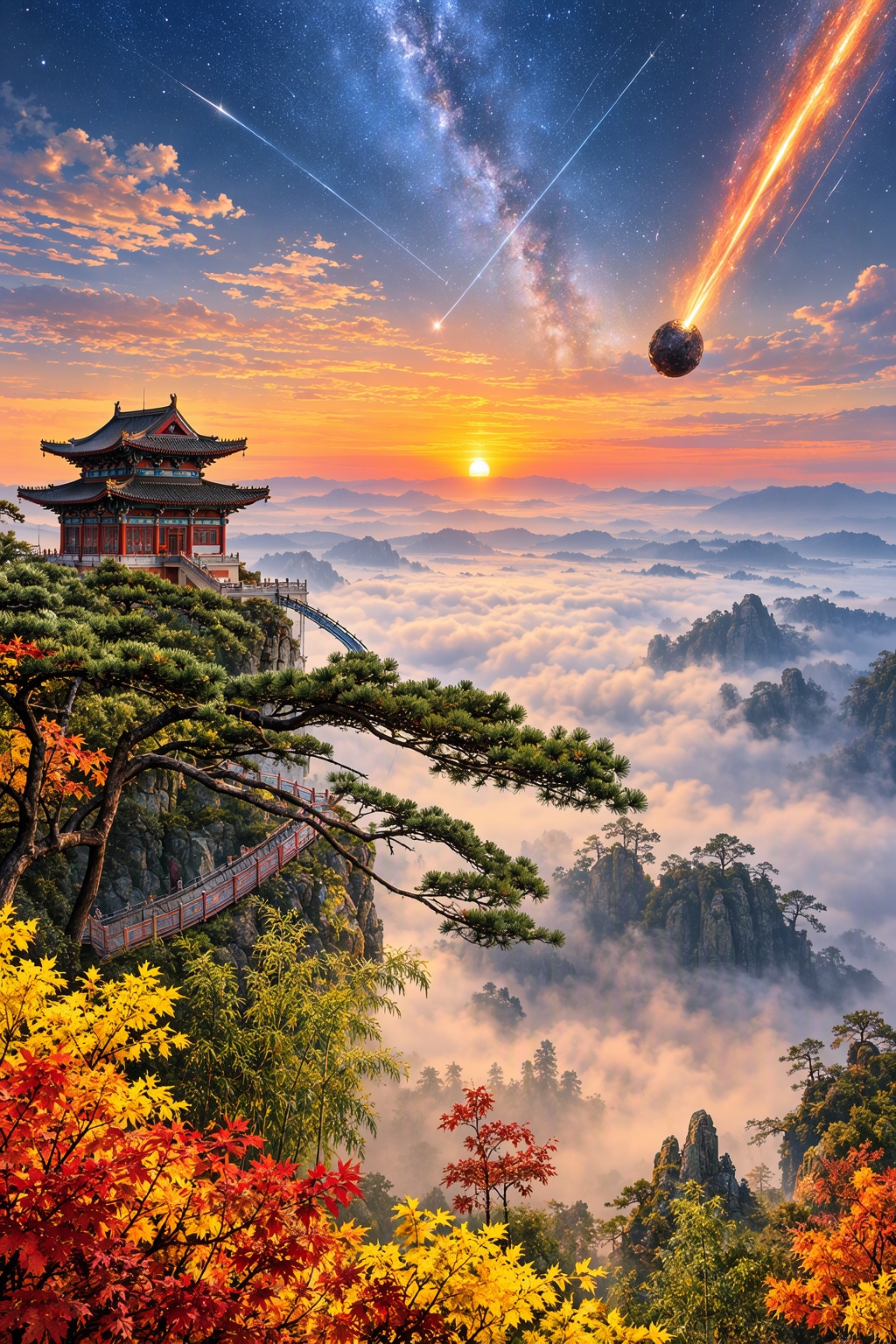 ▫️ Восход!🌞Га!⭐Ра!⛩️Вид Пагоды крупная детализация⛩️ В стиле Кандзи. Пиксельная фрактальная Диффузия.Сюрреализм.в стиле Э...