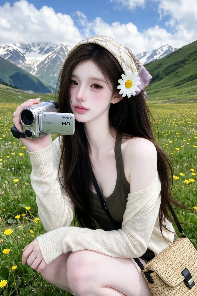 A young East Asian woman kneeling in a lush green alpine meadow filled with small yellow wildflowers,  looking directly at...