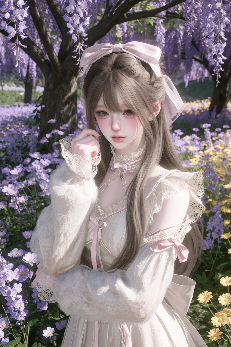 A beautiful anime-style girl standing in a dreamy field of purple and yellow flowers,  soft pastel lighting. She has long...