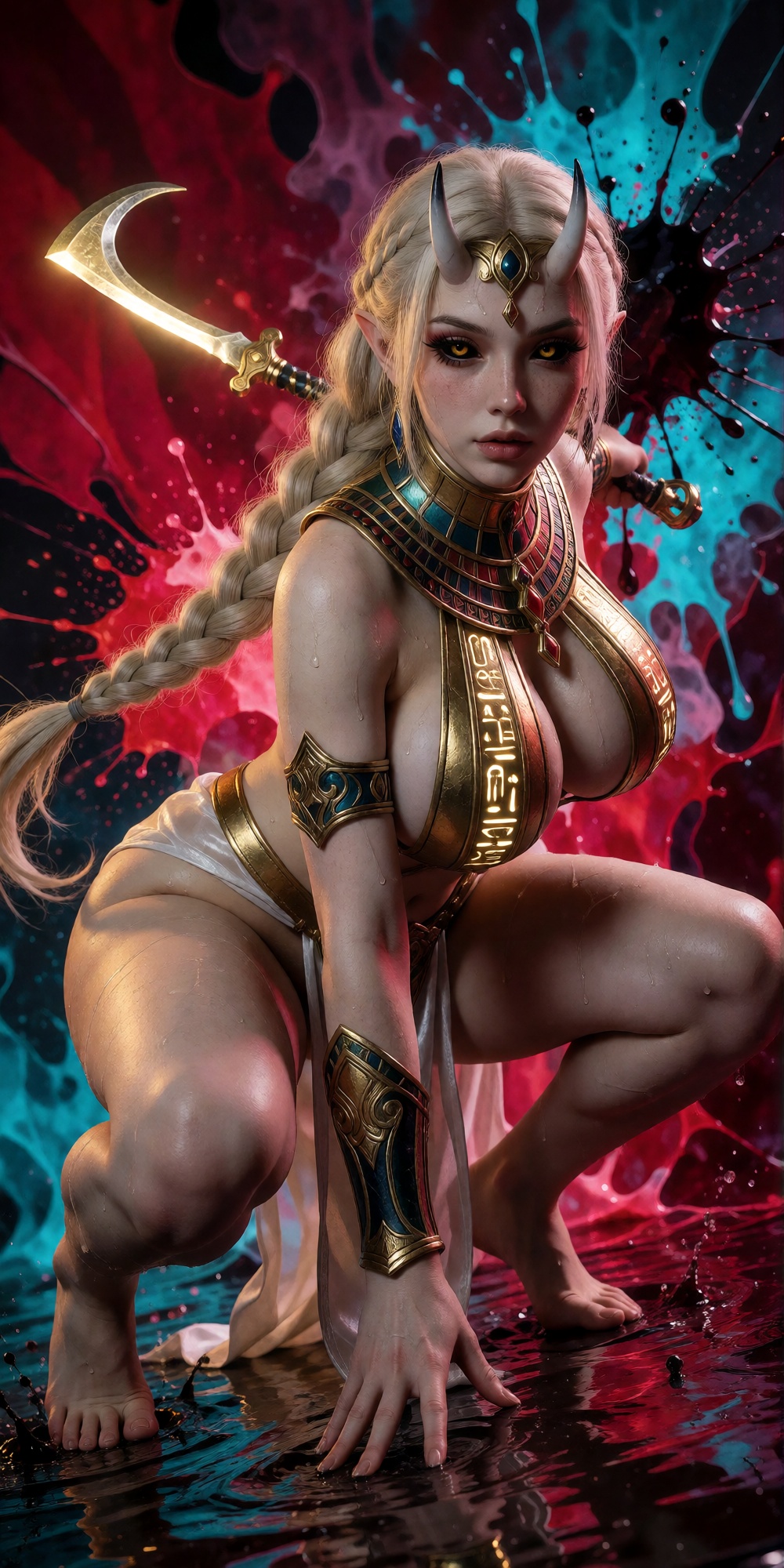 A Pale-skinned Oni girl with realistic skin texture featuring visible pores and glistening sweat; she has eyes with black...